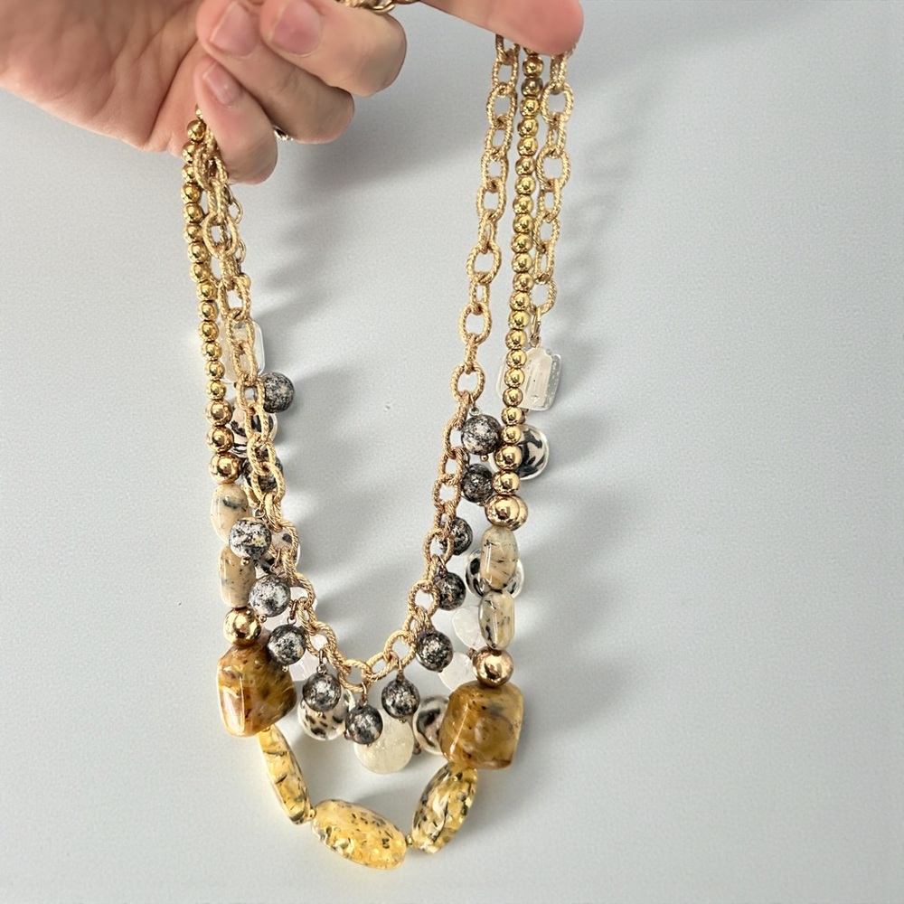 Chico’s Layered Gold Tone Statement Necklace | Mixed Stone & Resin Bib Necklace